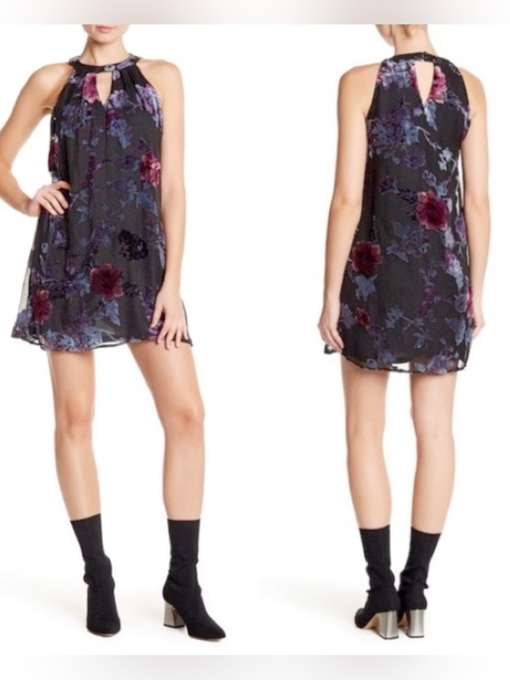 As You Wish purple & blue floral velvet burnout black mini dress size M